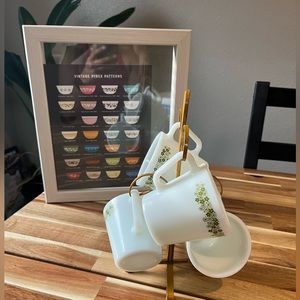 Vintage Pyrex Green Crazy Daisy Flower Milk Glass Mugs Set of 4 Coffee Tea Cups